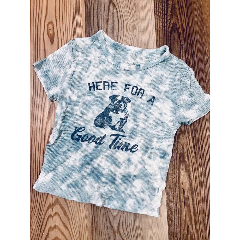 Aerie Blue Tie Dye Waffle Knit Bulldog Graphic Baby Tee XS Vintage Girly Y2K